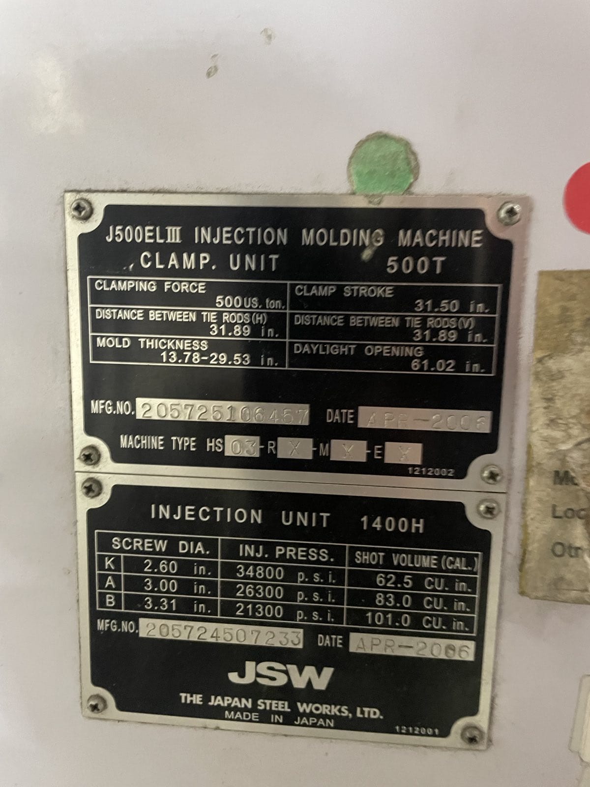 500 TON INJECTION MOLDING MACHINE ALL ELECTRIC JSW MODEL J500EL III1400H, YEAR 2006