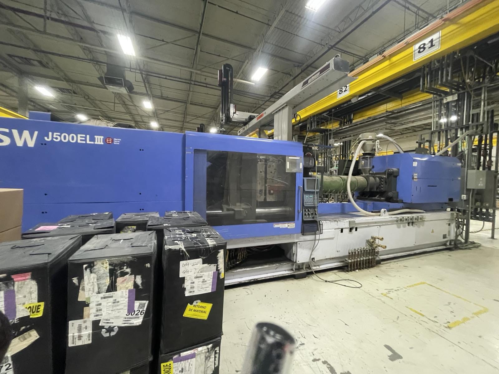 500 TON INJECTION MOLDING MACHINE ALL ELECTRIC JSW MODEL J500EL III1400H, YEAR 2006